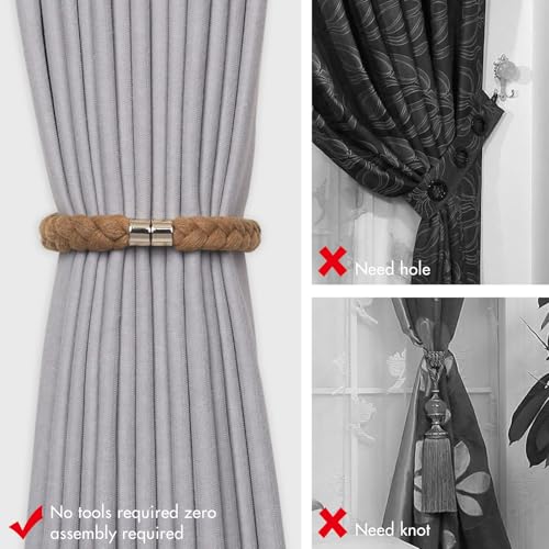 NICEEC 4 Pack Natural Cotton Rope Magnetic Curtain Tiebacks Elegant Twisted Braid Style Drape Tie Backs Soft Hand-Woven Rope Curtain Holdbacks for Home & Office Window Draperies (Khaki-02) - color: Khaki-02, size: 4 Pack