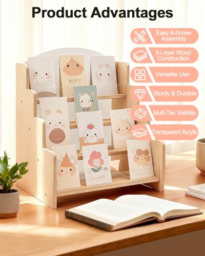 UCEC Greeting Card Display Stand,4-Tier Wooden Acrylic Greeting Card Holder