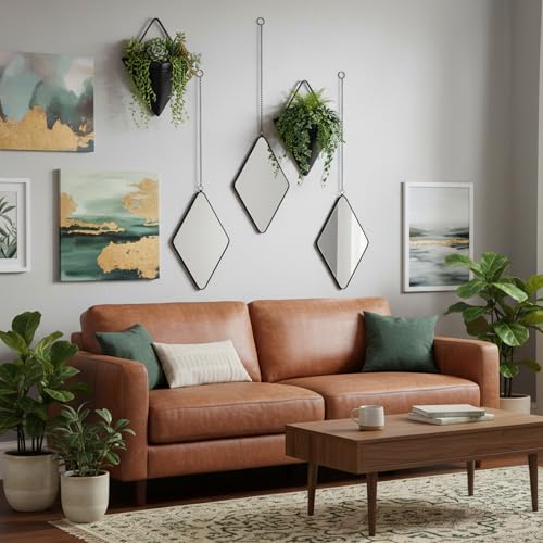 Demissle 5 Pcs Hanging Planter Wall Decor Includes Ceramic Geometric Succulent Planters and Modern Diamond Decorative Mirror with Chain Gold Frame for Living Room Home Indoor Wall Decoration(Black)