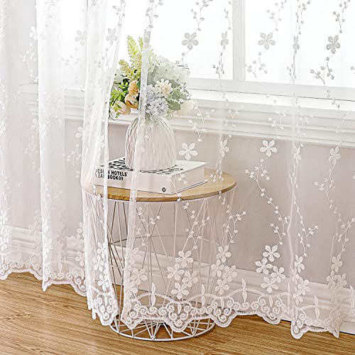 WUBODTI Luxury White Lace Curtains 63 Inches Long 2 Panels for Bedroom, Cute Vine Floral Embroidered Sheer Curtain Grommet White Elegant Tulle Curtain Drapes for Living Room, Kids Room Decor - size: 52"W x 63"L (Pack of 2)