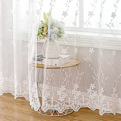 WUBODTI Luxury White Lace Curtains 63 Inches Long 2 Panels for Bedroom, Cute Vine Floral Embroidered Sheer Curtain Grommet White Elegant Tulle Curtain Drapes for Living Room, Kids Room Decor - size: 52"W x 63"L (Pack of 2)