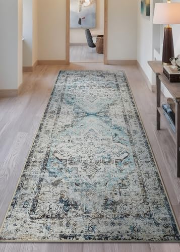 Bloom Rugs Washable Non-Slip 7 ft Runner - Beige/Blue Traditional Runner for Entryway, Hallway, Bathroom, and Kitchen - Exact Size: 2.5' x 7' - color: Beige / Blue, size: 2'6" x 7' (Runner)