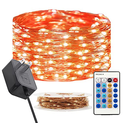 RUICHEN Fairy Lights Plug in with Remote, Copper Wire 33 Ft 100 LED, Orange - color: Orange