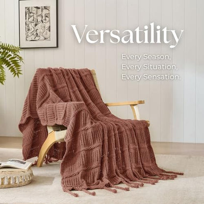 Boho Knitted Chenille Blanket with Tassels - Lightweight & Soft All-Season Throw - 3D Classic Pattern for Living Room Bedroom Couch, Clay Brown, King 90"x108" - color: Clay Brown, size: King