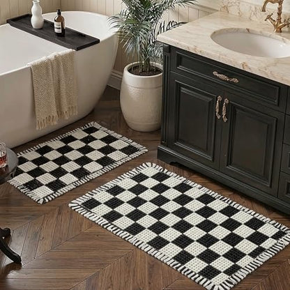 MatEssenz 2 Piece Waffle Bathroom Rugs Checkered Bath Mat Set (17"x24" & 18"x30"), Black and White Weave Bathroom Rugs with Tassels, Non-Slip Quick Dry Shower Mats, Machine Washable Skin-Friendly - color: Lattice Style, size: 17" x 24" + 18" x 30"