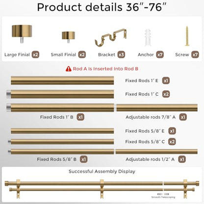 Double Curtain Rod, 36-76 Inch Warm Gold Heavy Duty Dual Rods - color: Warm Gold, size: 36"-76"