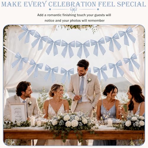 Flutesan 8 Ft Sky Blue Gingham Bow Garland Fabric Banner Farmhouse Decor - color: Sky Blue, style: Gingham