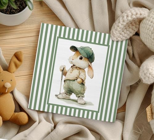 KU-DaYi Funny Bunny Golfer Gifts Wooden Box Sign, Sage Green Striped Golfing Wood Box Decorations for Kids Nursery Bedroom Room, Easter Rabbit Golf Wooden Block Plaque Desk Shelf Decor Accent 5x5 Inch