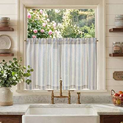 jinchan Linen Striped Tier Curtains for Kitchen Windows Farmhouse - color: Striped Blue | on Beige, size: 26"W x 24"L (Pack of 2)
