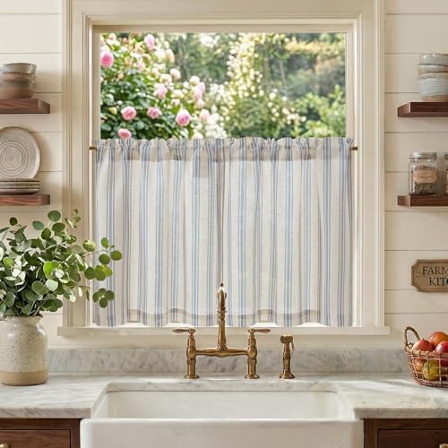 jinchan Linen Striped Tier Curtains for Kitchen Windows Farmhouse - color: Striped Blue | on Beige, size: 26"W x 24"L (Pack of 2)