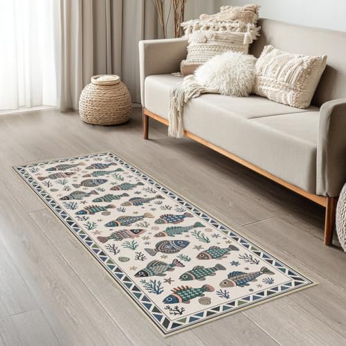Fish Ocean Runner Rug 2x6 for Hallway Bedroom Coastal Kitchen Rugs Low Pile - color: Fish, size: 2'x6' (Runner)