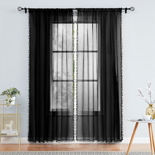 Black Sheer Curtains for Living Room 52x95" Pom Pom Trimmed Voile Drape 2pc - color: Modern Black, size: 52"W x 95"L (Pack of 2)
