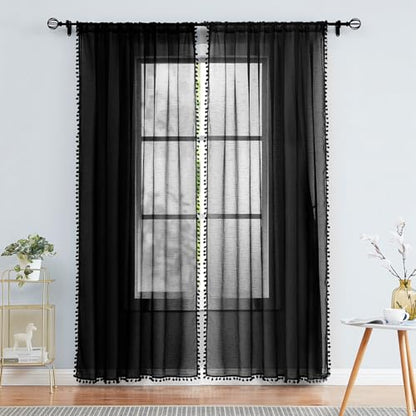Black Sheer Curtains for Living Room 52x95" Pom Pom Trimmed Voile Drape 2pc - color: Modern Black, size: 52"W x 95"L (Pack of 2)