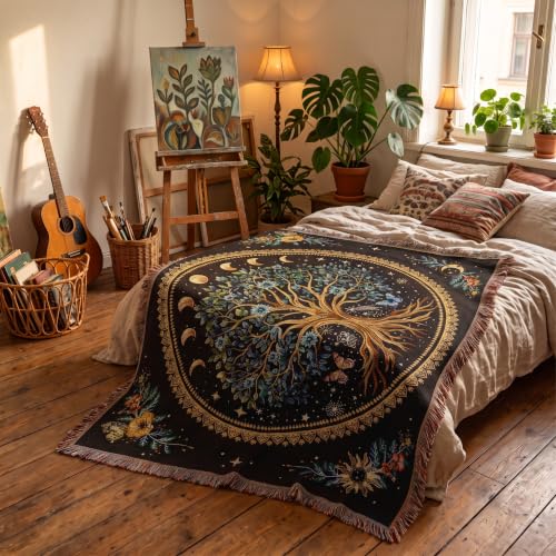 Tree of Life Woven Throw Blanket Mandala Boho Chic Decor Life Tree Reversible Cute Cotton Boho Throw Blanket Witchy Throws Blankets with Tassels Bohemian Room Decor Luxury Christmas Throws 51”x59” - color: Woven Tree of Life