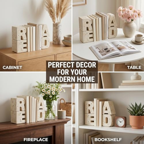 Book Ends Decorative with Read Design Resin Bookends for Heavy Books Book Holders for Shelves Book Stoppers with Non-Slip Pads Unique Read Sign Beige Bookend Gift for Book Lovers