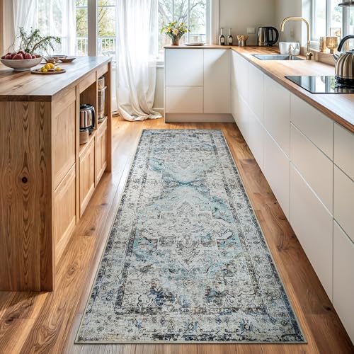 Bloom Rugs Washable Non-Slip 7 ft Runner - Beige/Blue Traditional Runner for Entryway, Hallway, Bathroom, and Kitchen - Exact Size: 2.5' x 7' - color: Beige / Blue, size: 2'6" x 7' (Runner)