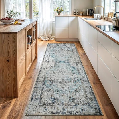 Bloom Rugs Washable Non-Slip 7 ft Runner - Beige/Blue Traditional Runner for Entryway, Hallway, Bathroom, and Kitchen - Exact Size: 2.5' x 7' - color: Beige / Blue, size: 2'6" x 7' (Runner)