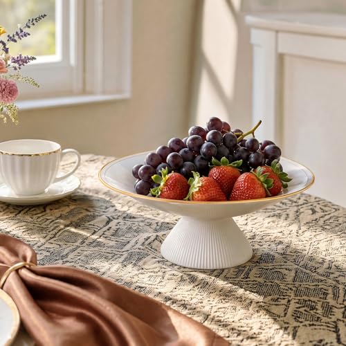 DOWAN 9 Inch Gold Rimmed Footed Decorative Bowl, 42% Bone China Fruit Bowl with Double Gold Line Design, European Ceramic Bowl for Entryway Coffee Table Decor & Storage, Dishwasher Safe
