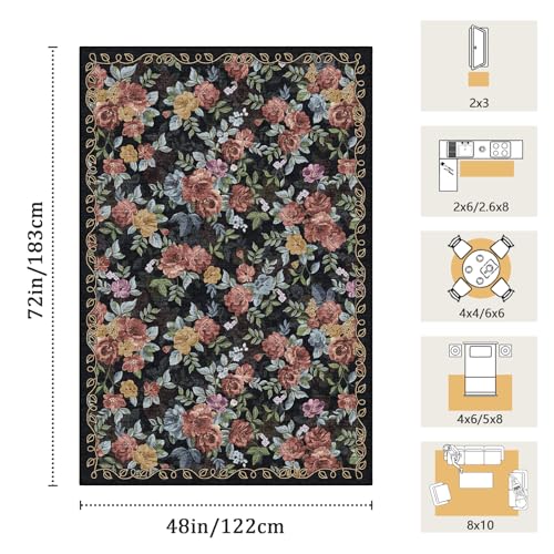 Washable 4x6 Area Rug, Navy Boho Floral Non-Slip for Kitchen, Entryway - color: Dark Navy, Dusty Rose, Mustard and Blue Grey, size: 4' x 6' (Rectangular)