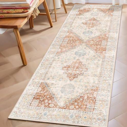 MUJOO Washable Runner Rug 2x6 Area Rugs Low Pile Non Slip Terracotta - color: Terracotta, size: 2' x 6' (Rectangular)