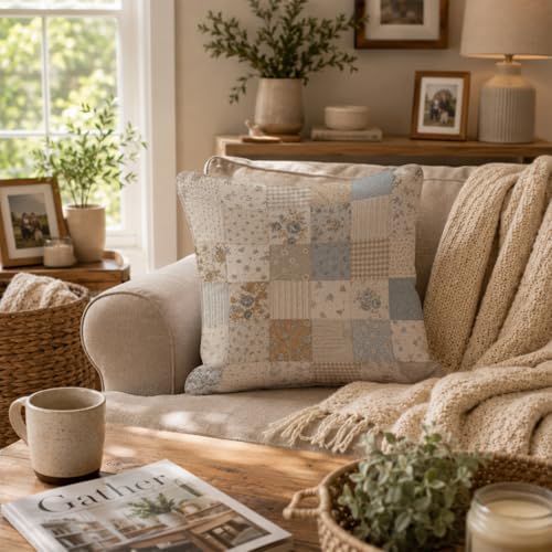 French Country Blue Floral Patchwork Throw Pillow Cover 18x18 - color: Blue