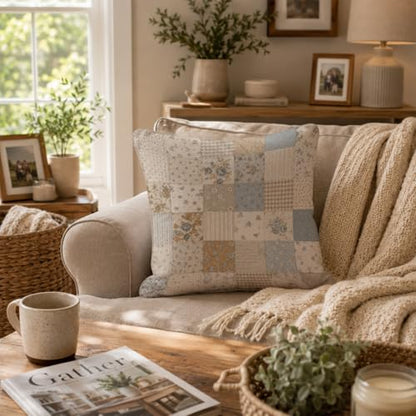 French Country Blue Floral Patchwork Throw Pillow Cover 18x18 - color: Blue