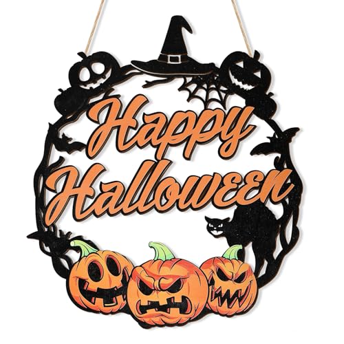 Sophena Halloween Decoration Wooden Ghost Door Halloween Wreath for Front Door Sign Wall Signs Decor, Pumpkin Black Cat Wreaths Sign Hanging for Home Wall Decor Outdoor Indoor Farmhouse Party Supply