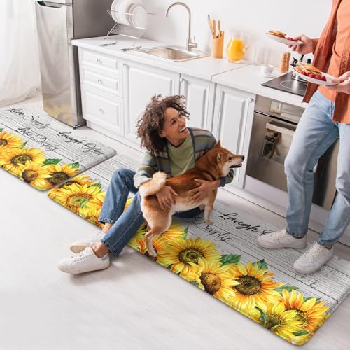 KIMODE Anti Fatigue Kitchen Mat, Farmhouse Sunflower Kitchen Rugs Sets of 2 - color: Sunflower/White, size: 47"L x 17.3"W x 0.47"Th + 29"L x 17.3"W x 0.47"Th