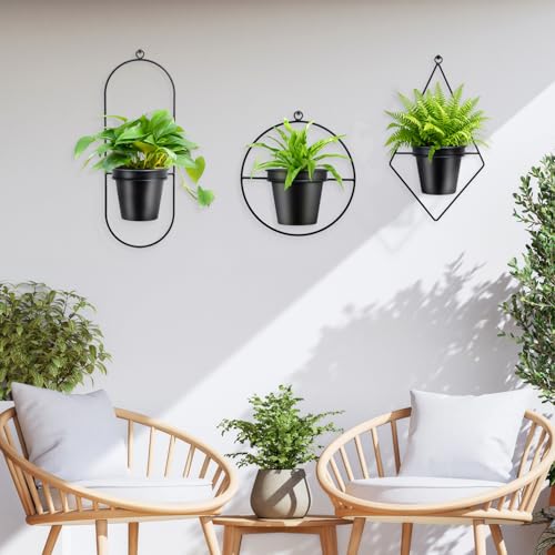 Geometric Wall Planters for Indoor Plants Set of 3 Black Metal Wall Mounted Plant Holder (Diamond & Oval & Round Shapes) with 5 Inch Flower Pots, Modern Hanging Planters for Indoor Decor