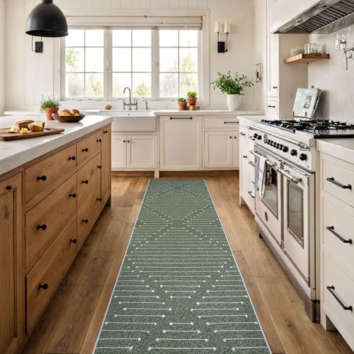 LIVEBOX Green Runner Rug for Kitchen 2x8, Boho Washable Runner for Hallway, Moroccan Cotton Long Entryway Area Rug Indoor Carpet for Bedroom Laundry Doorway Entry(Green & White) - color: Dark Green & White, size: 2' x 8' (Runner)