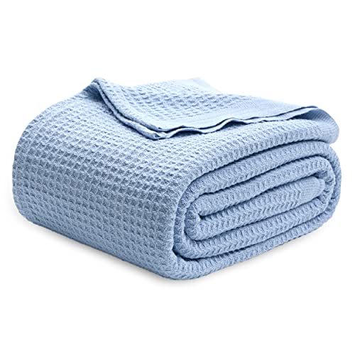 Bedsure 100% Cotton Blanket, Waffle Weave, Queen Size, Light Blue, 90"x90" - color: 09 Light Blue, size: Queen (90" X 90")