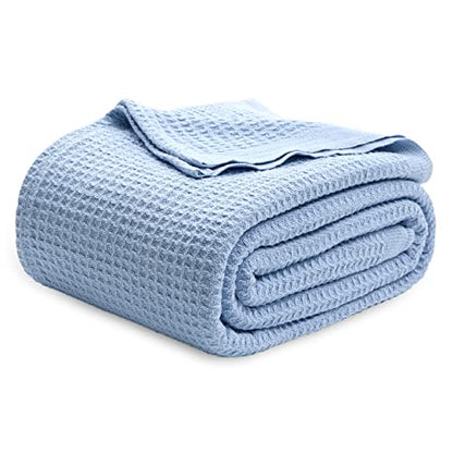 Bedsure 100% Cotton Blanket, Waffle Weave, Queen Size, Light Blue, 90"x90" - color: 09 Light Blue, size: Queen (90" X 90")