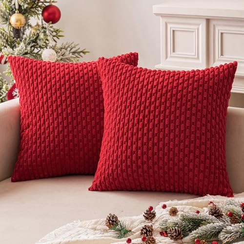 MIULEE Christmas Decorative Throw Pillow Covers 16x16 Red Textured Corduroy - color: Red, size: 16" x 16" (Pack of 2)