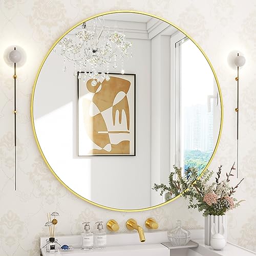 BEAUTYPEAK 30 Inch Round Mirror, Metal Frame Circle Mirror, Gold - color: Gold, size: 30"L x 30"W