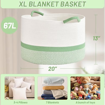 67L Large Blanket Basket, 20"x13" Blanket Basket Living Room, Woven Baskets With Handle, Toy Baskets for Blankets, Nursery, Dog, Pillow, Gift (White & Green) - color: White & Green, size: 67L