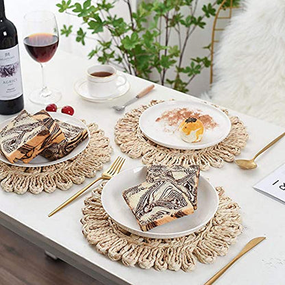 IcosaMro 12 Inch Boho Round Woven Placemats for Dining Table Set of 4 - color: Style a -11.5 Inch, Pack of 4