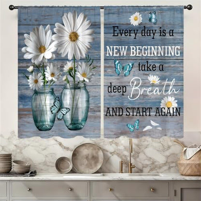 Farmhouse Rustic Daisy Flower Kitchen Curtains 2 Panels Teal Blue Plank Inspirational Quote Small Short Cafe Tier Window Treatment Drapes Butterfly Bathroom Bedroom Curtain 27.5W X 39L Inches - color: 10 Farmhouse Rustic Daisy, size: 27.5"W x 39"L (Pack o