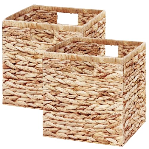 Vagusicc Wicker Storage Basket, Set of 2 Handwoven Water Hyacinth Storage Baskets for Organizing, 13 inch Foldable Storage Cubes with Handles for Laundry Organizer Bins for Bathroom Shelves & Decor - size: 13'' x 13'' x 13''