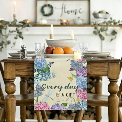 Every Day is A Gift Dragonfly Hydrangea Spring Table Runner 13x72 Inch - color: Floral Butterfly