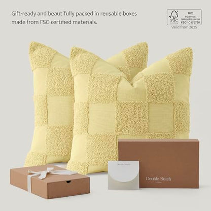 Double Stitch 100% Cotton Boho Checkered Throw Pillow Covers, Lemon Yellow - color: Lemon Yellow, size: 20" x 20" (Pack of 2)