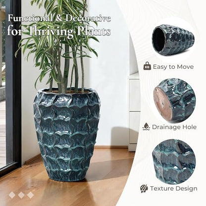 LuxenHome 17.7" Blue Ceramic Plant Pot, Tall Planter with Geometric Texture