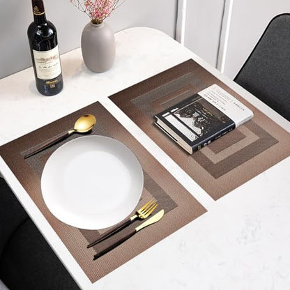 PIGCHCY Durable Plastic Placemats - Heat Resistant, Washable Woven Table Mats - Set of 4 (Coffee Brown) - color: Box: Brown Coffee, size: 4 Placemats