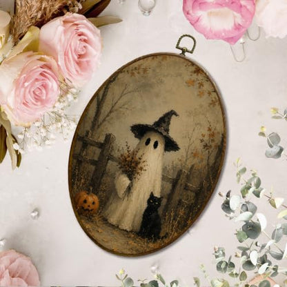 JQF Rustic Fall Halloween Ghost Oval Wall Decor Framed 8.5x11.5 Inch - color: ghost-5