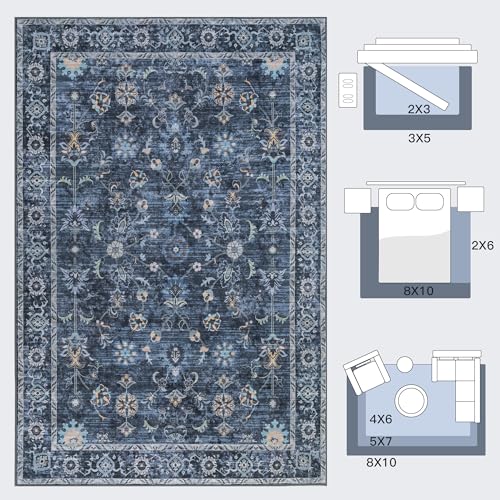 Tangsoo 3x5 Washable Area Rug,Vintage Navy Blue Floral Throw Rugs Non Slip - color: Distressed Blue Black, size: 3' X 5' (Rectangular)