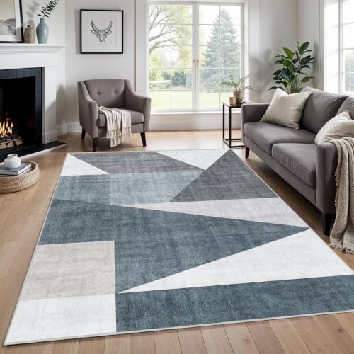 5x7 Washable Area Rug for Living Room - Non-Slip Geometric Rugs Blue Grey - color: Blue/Grey, size: 5' x 7' (Rectangular)