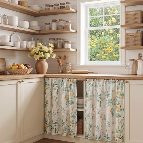 MYSKY HOME Green Floral Sheer Cafe Curtains 36 Inches Long - color: Green, size: 52"W x 36"L (Pack of 2)