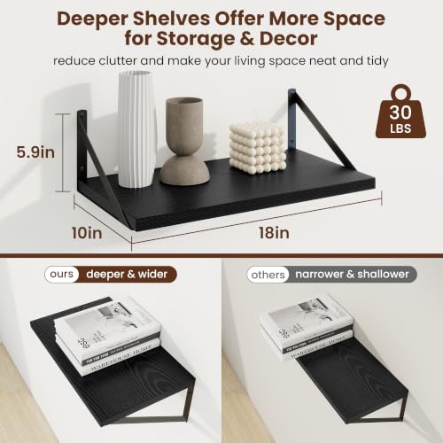 Axeman Deep Floating Shelves, 18'' x 10'' Black Wall Shelves Set of 2 - color: Black, size: 18W x 10D