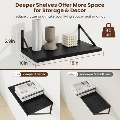 Axeman Deep Floating Shelves, 18'' x 10'' Black Wall Shelves Set of 2 - color: Black, size: 18W x 10D