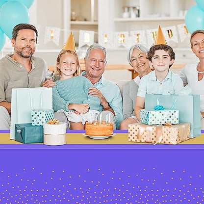 8Pack Disposable Plastic Tablecloths and Satin Table Runner Set Purple and Gold Dot Tablecloth Gold Satin Table Runner for Wedding Birthday Baby Shower Anniversary Christmas New Year Party Supplies - color: Purple and Gold, size: 8 Pack