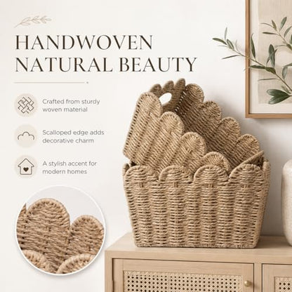 Scalloped Storage Baskets Set of 2, Built-In Handles
